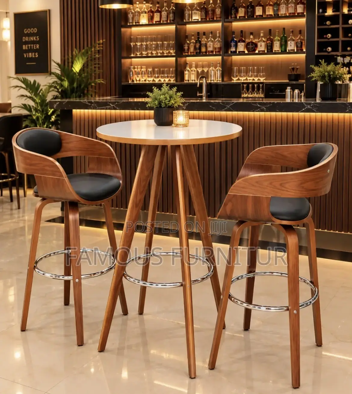 Modern Round Bar Table and Two Swivel Stool Set Appears to Curved