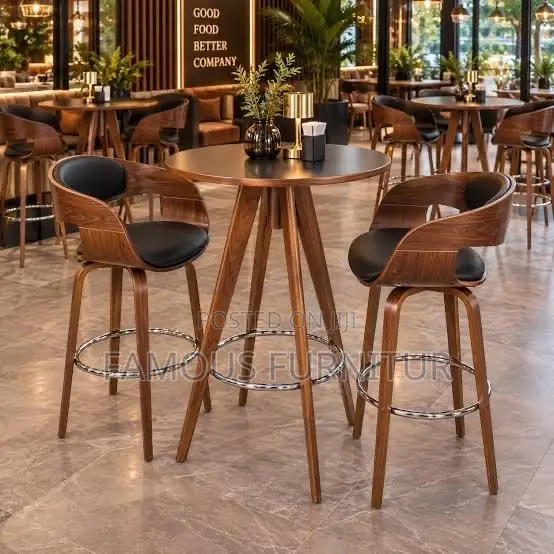 Modern Round Bar Table and Two Swivel Stool Set Appears to Curved