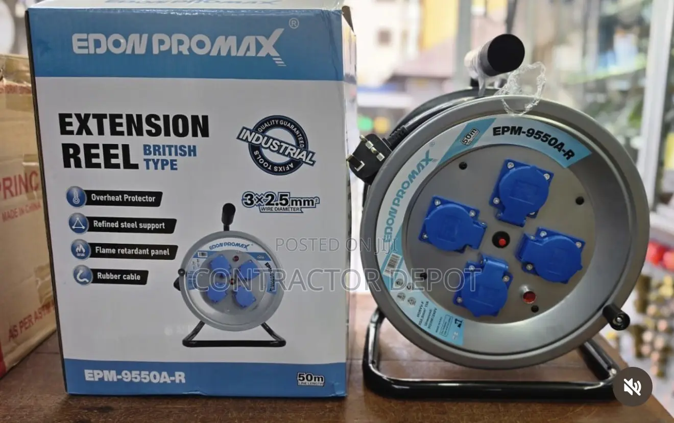 EDON Promax 50m Heavy-Duty Extension Cable Reel Copper Cable 4 Outlets