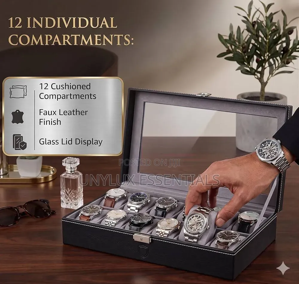 12 Slot Black Leather Watch Box