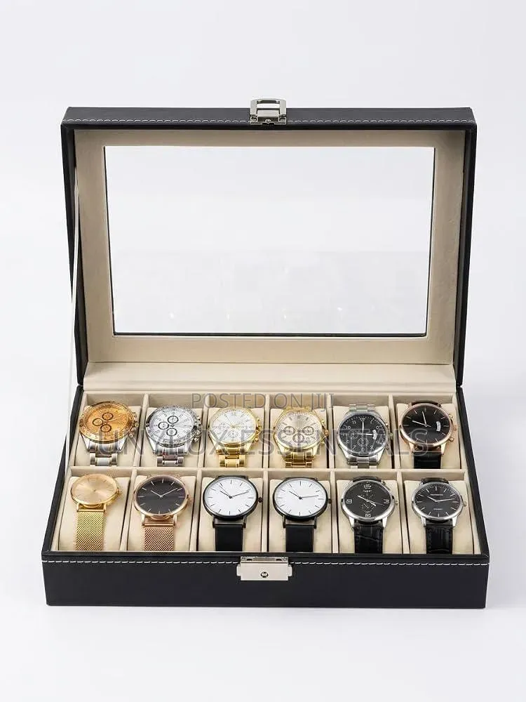 12 Slot Black Leather Watch Box