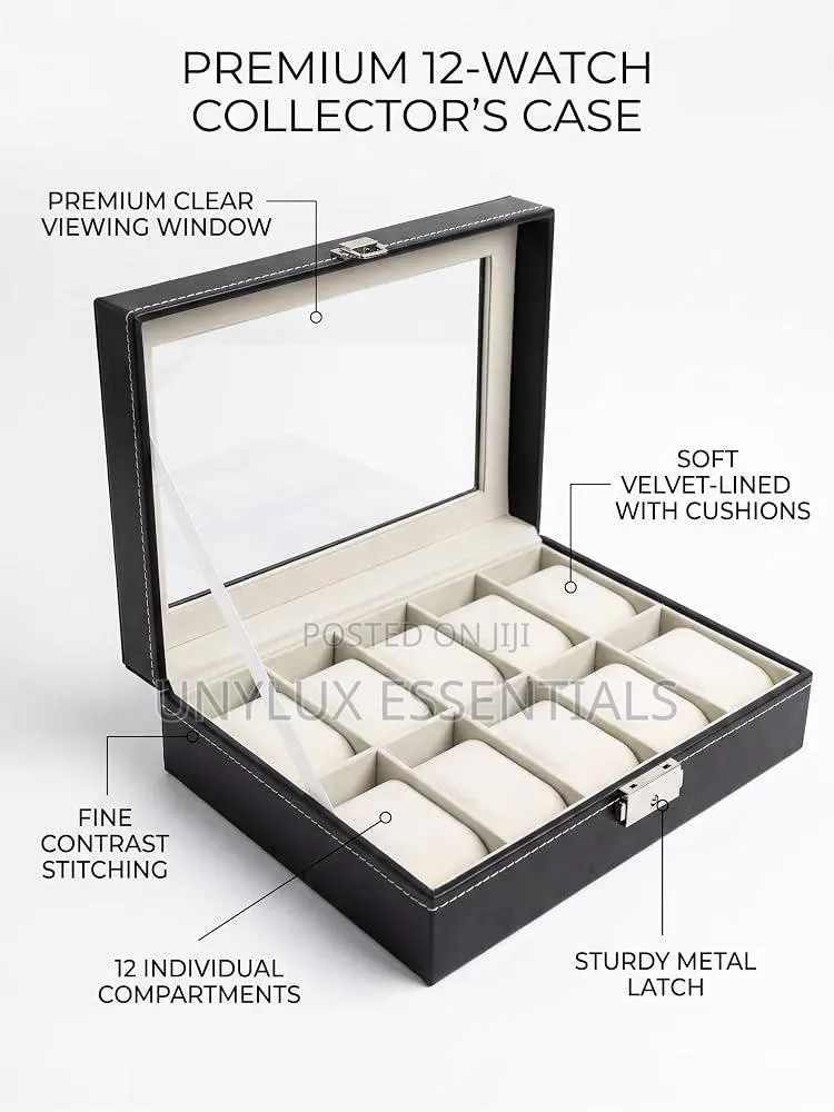 12 Slot Black Leather Watch Box
