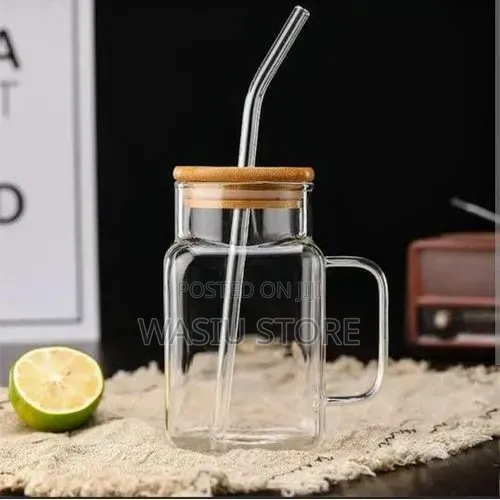 Glass Cups With Bamboo Lids and Glass Straws