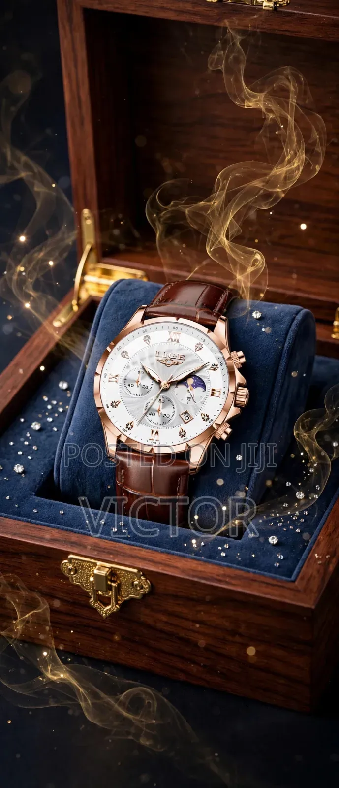 LIGE Brown Leather Chronograph Watch With Box - Pay on Delivery