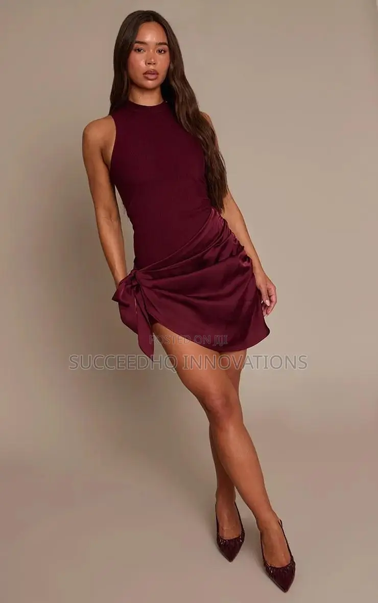 Burgundy Ribbed Satin Wrap Tie Mini Dress