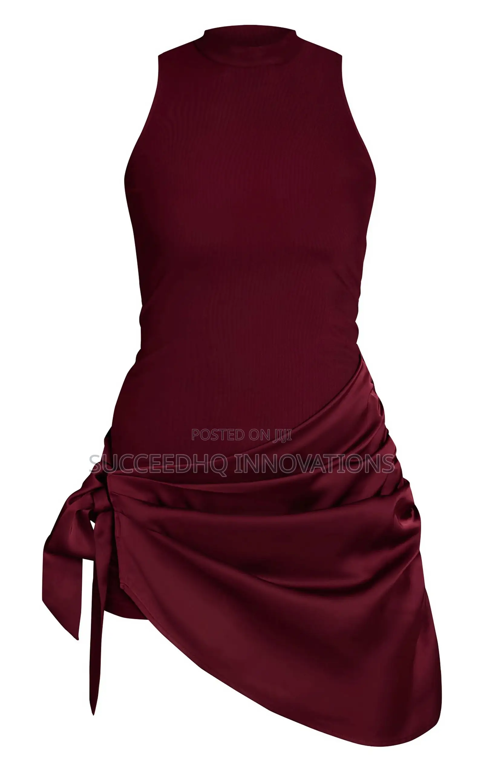 Burgundy Ribbed Satin Wrap Tie Mini Dress