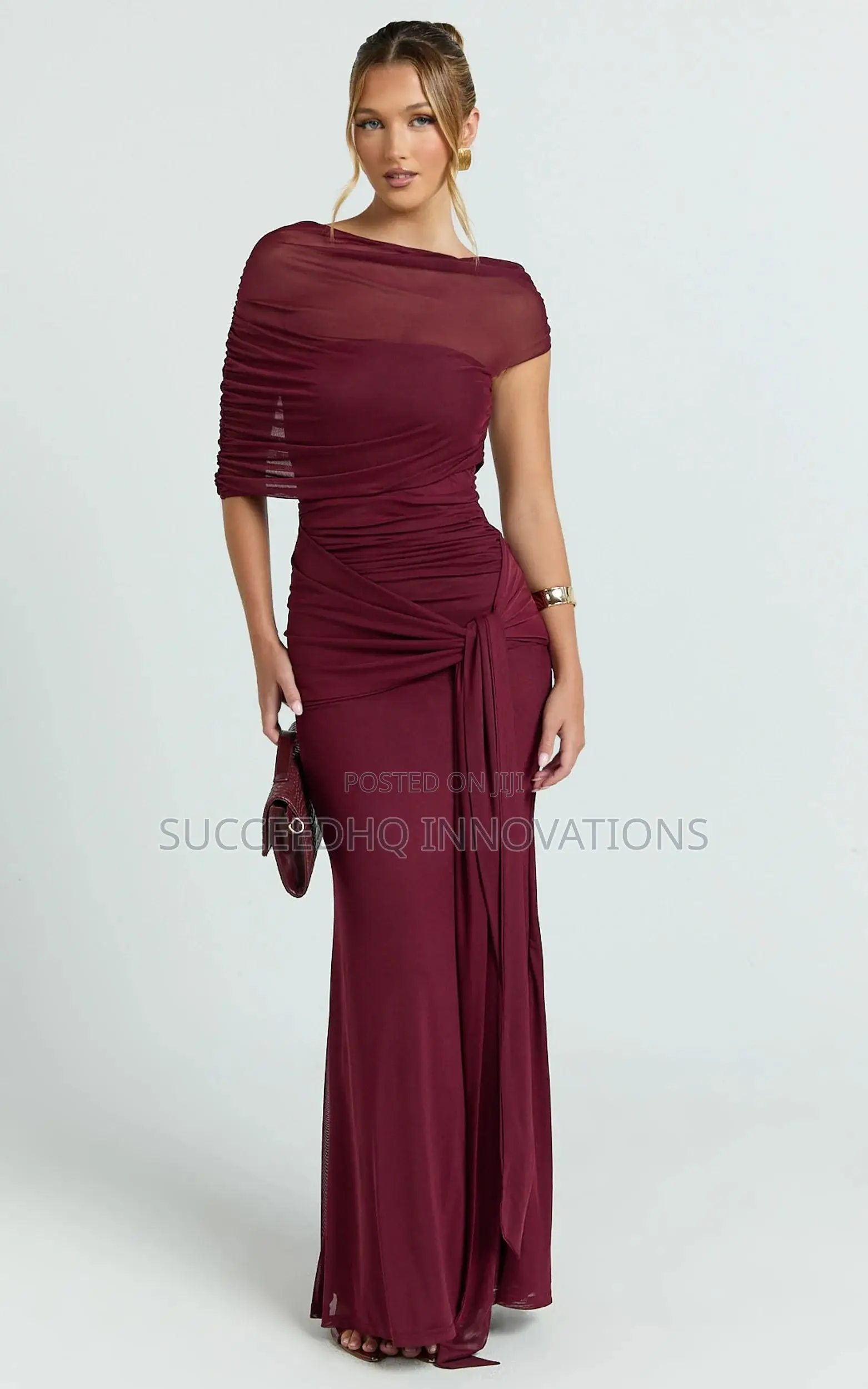 Burgundy Draped Mesh Ruched Maxi Dress