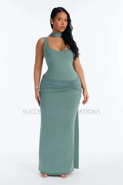Sage Green Ruched Maxi Dress Draped Cape