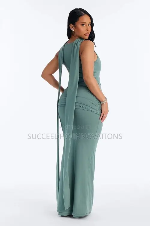 Sage Green Ruched Maxi Dress Draped Cape