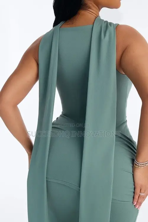 Sage Green Ruched Maxi Dress Draped Cape