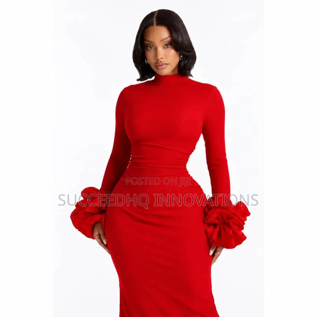 High Neck Rosette Cuff Bodycon Maxi Dress