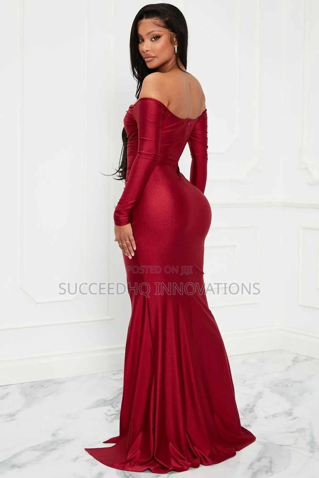 Burgundy Off-Shoulder Sweetheart Gown With Thigh Slit