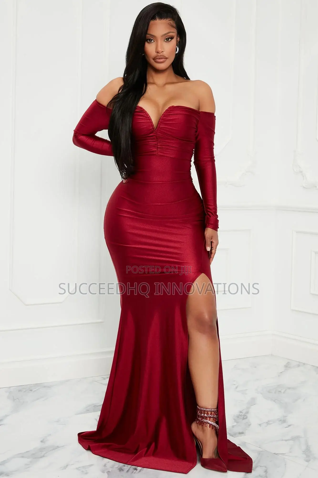 Burgundy Off-Shoulder Sweetheart Gown With Thigh Slit