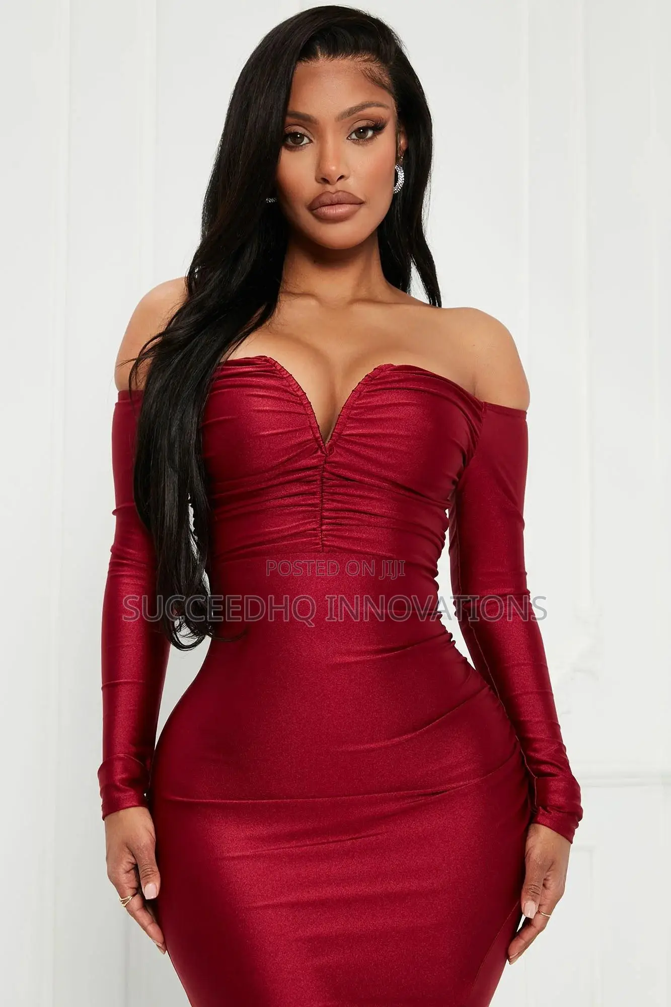 Burgundy Off-Shoulder Sweetheart Gown With Thigh Slit