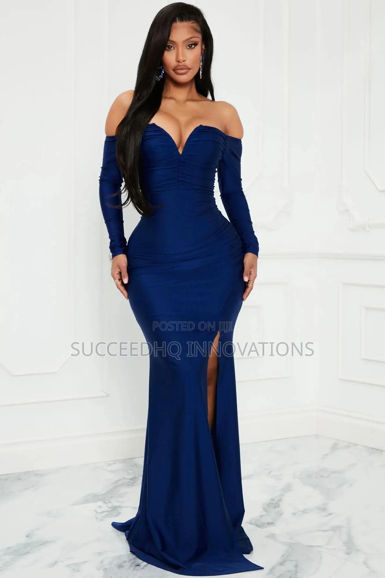 Navy Blue Off-Shoulder Sweetheart Gown With Thigh Slit