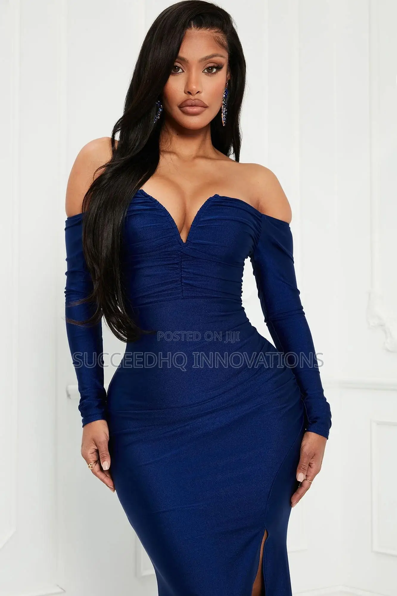 Navy Blue Off-Shoulder Sweetheart Gown With Thigh Slit
