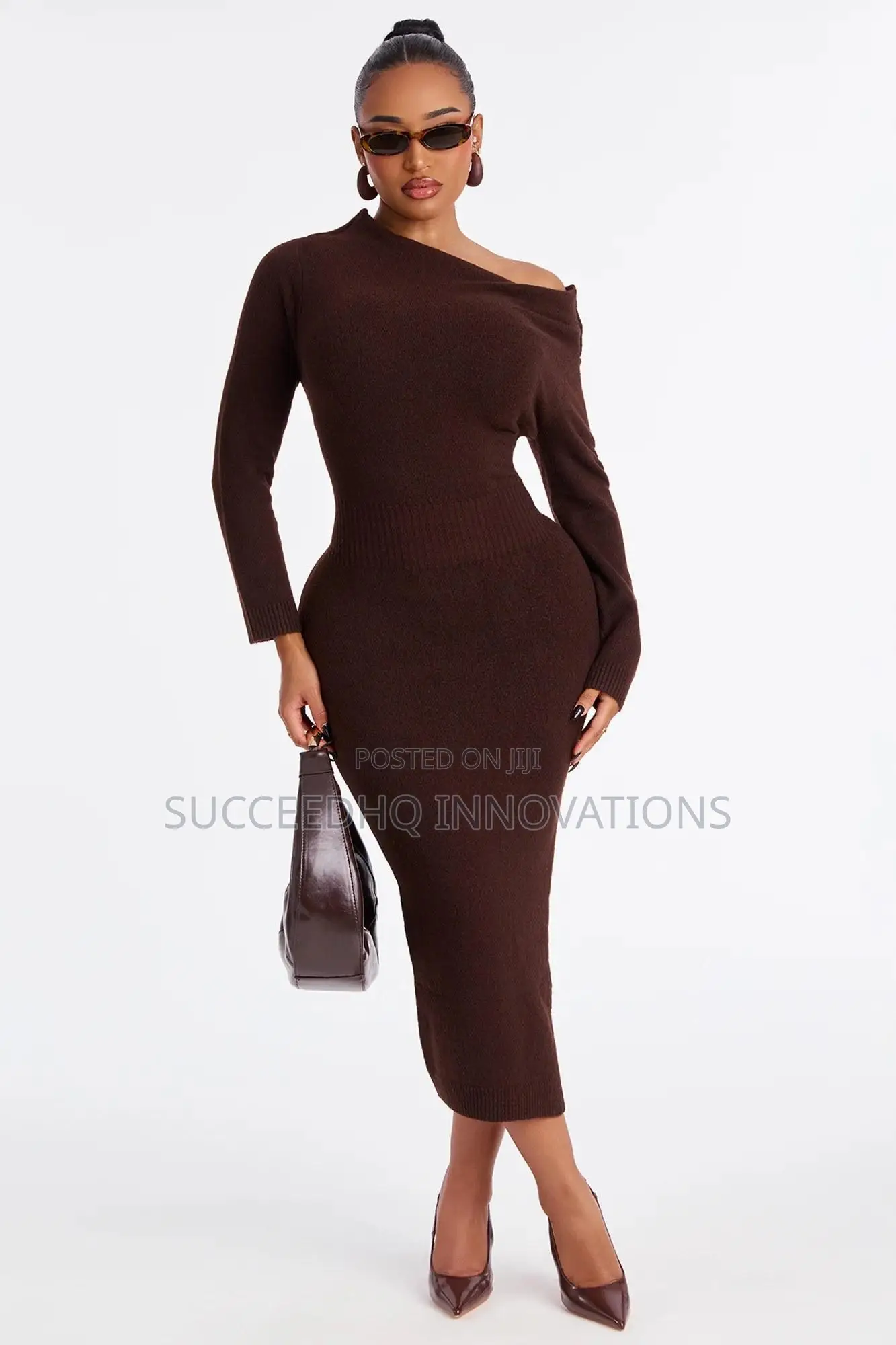 Chocolate Brown Off-Shoulder Knit Midi Dress With Side Slit