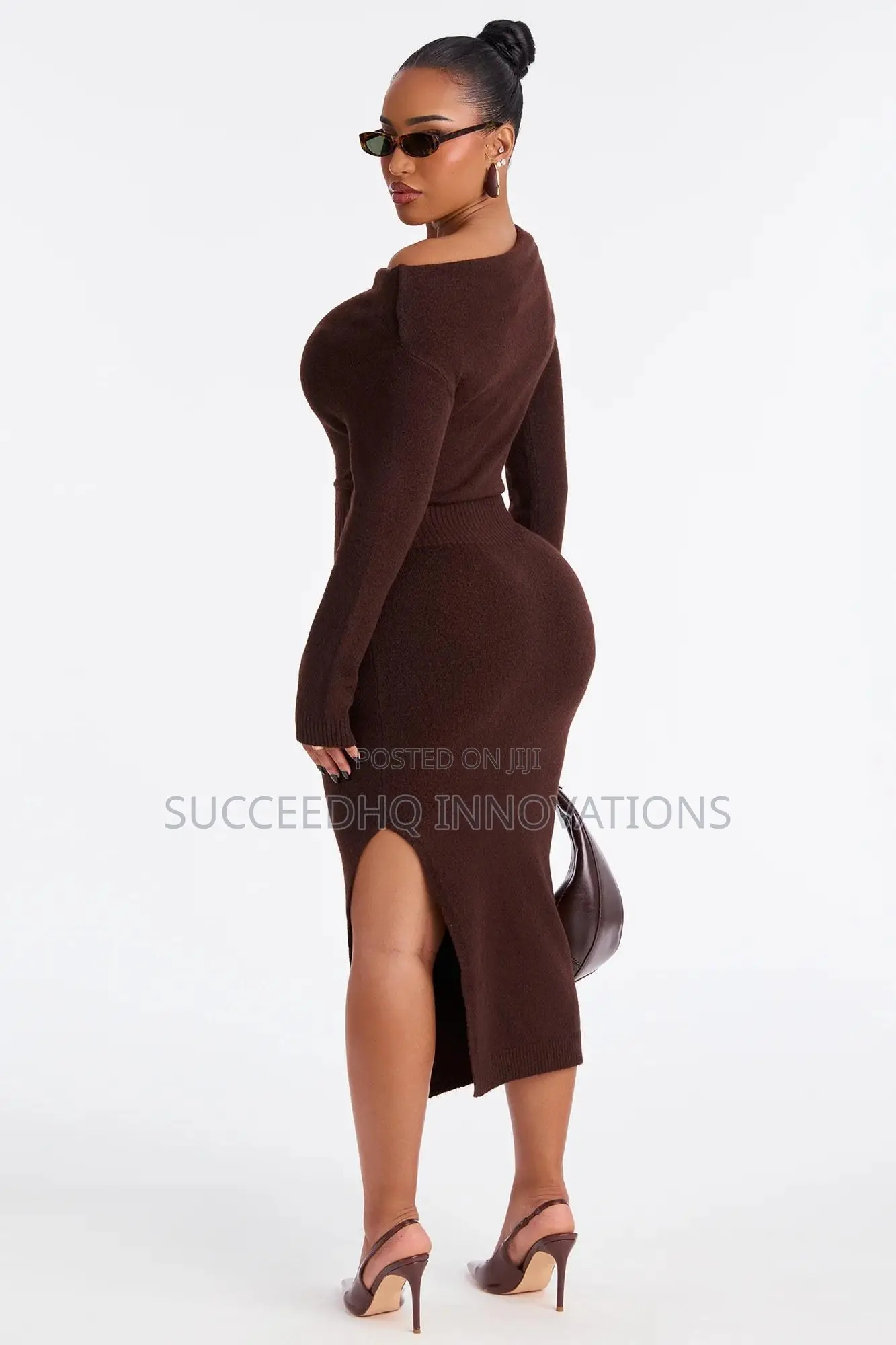 Chocolate Brown Off-Shoulder Knit Midi Dress With Side Slit