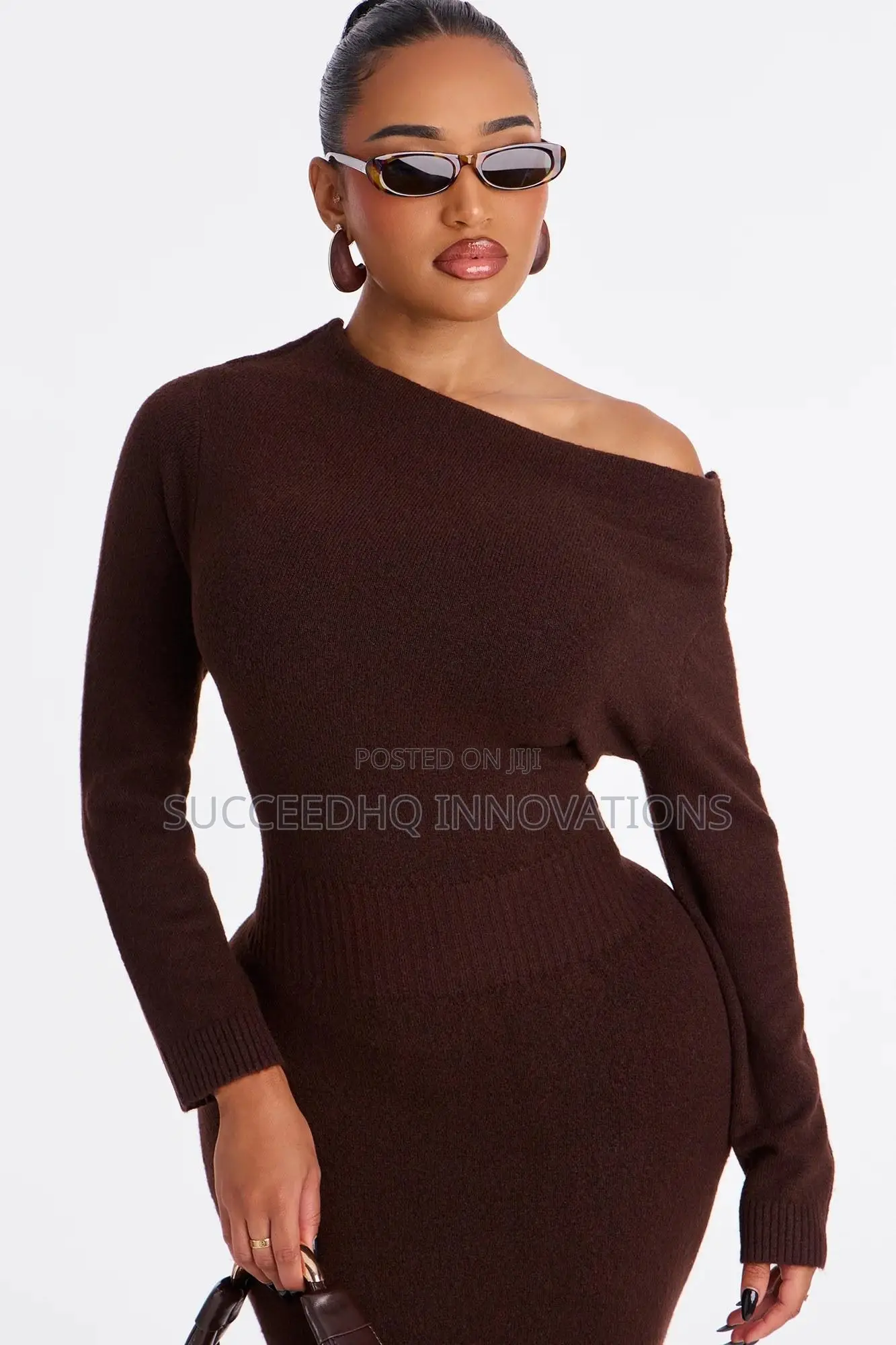 Chocolate Brown Off-Shoulder Knit Midi Dress With Side Slit