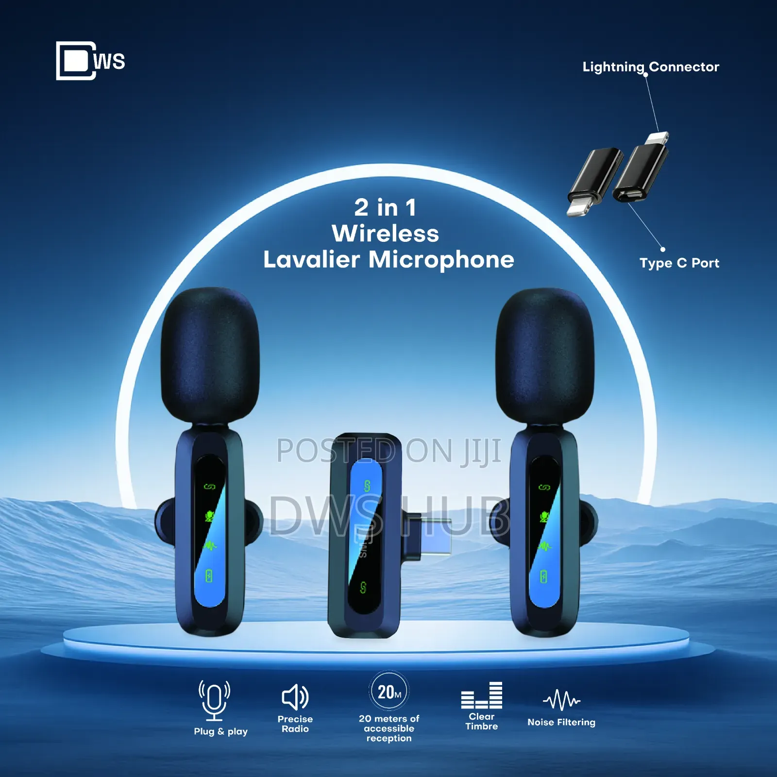 2 in 1 Wireless Lavalier Microphone + Lightning to USB C Adapter