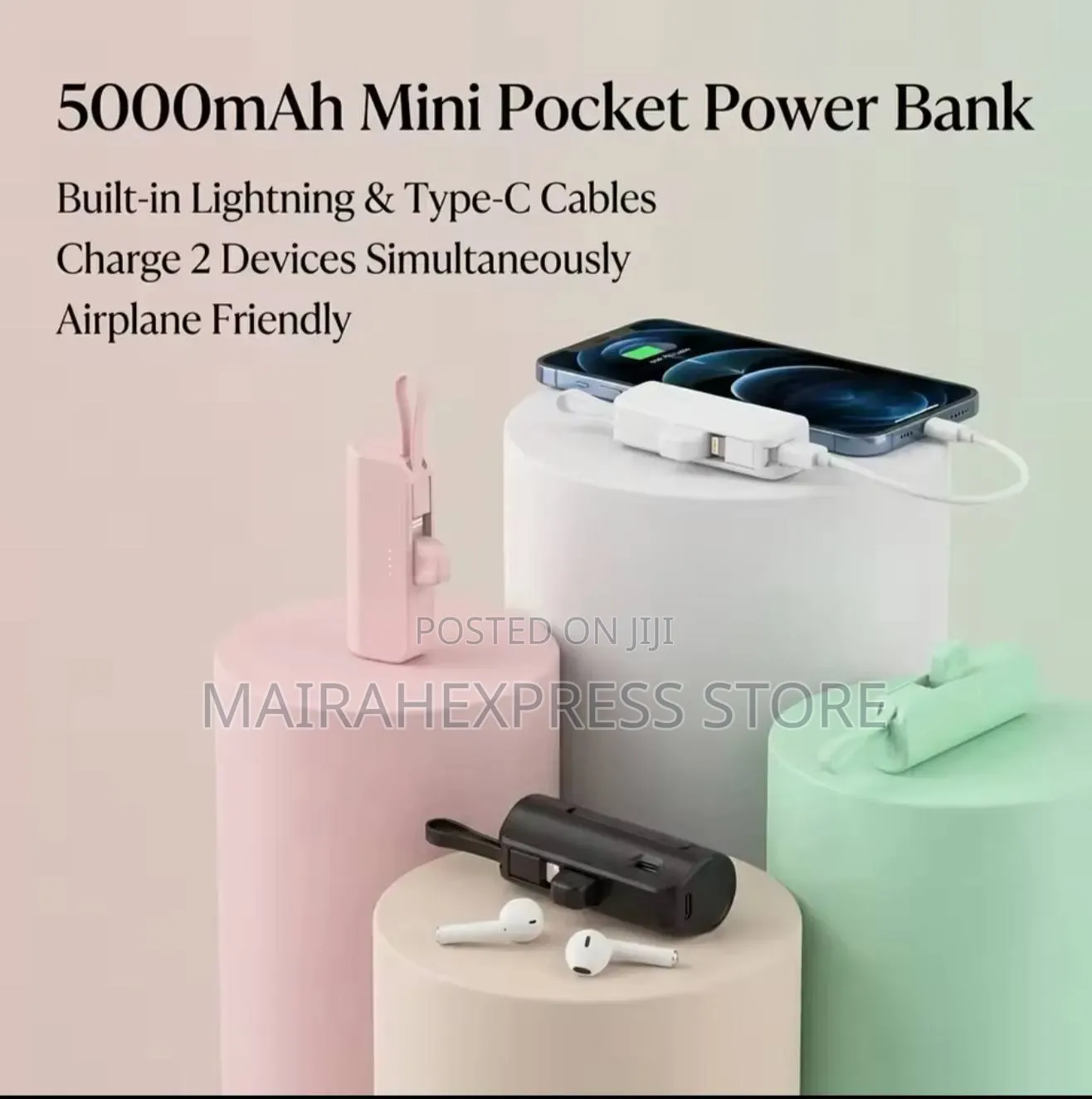 2in1 Portable Capsule Power Bank 5000mAh With Self-Contained Cable