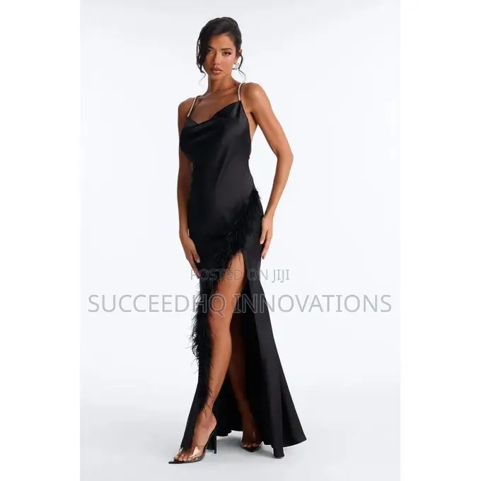 Isabella Feather Trim Satin Gown