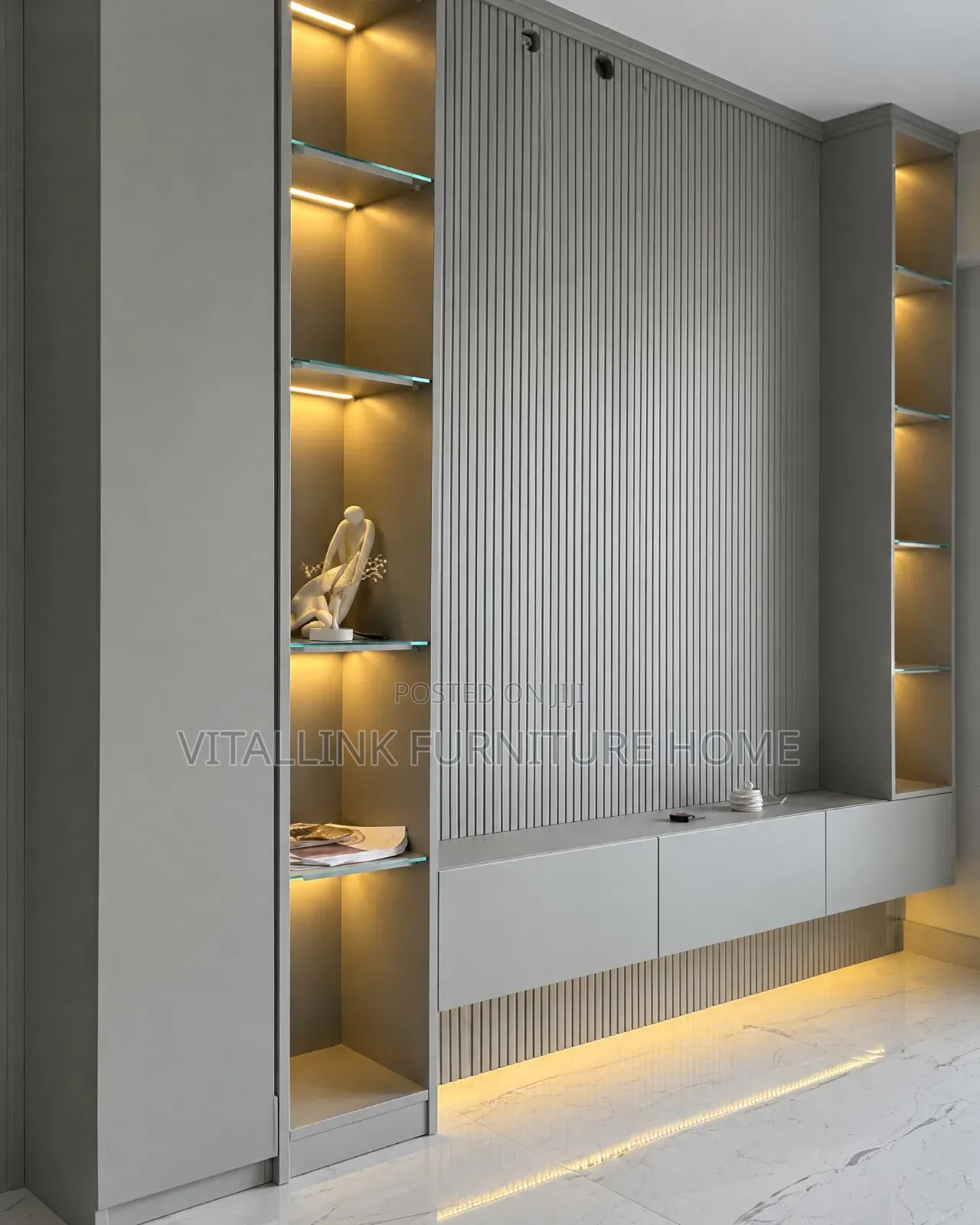 Luxury Grey Fluted TV Wall Unit With LED Shelves Drawers