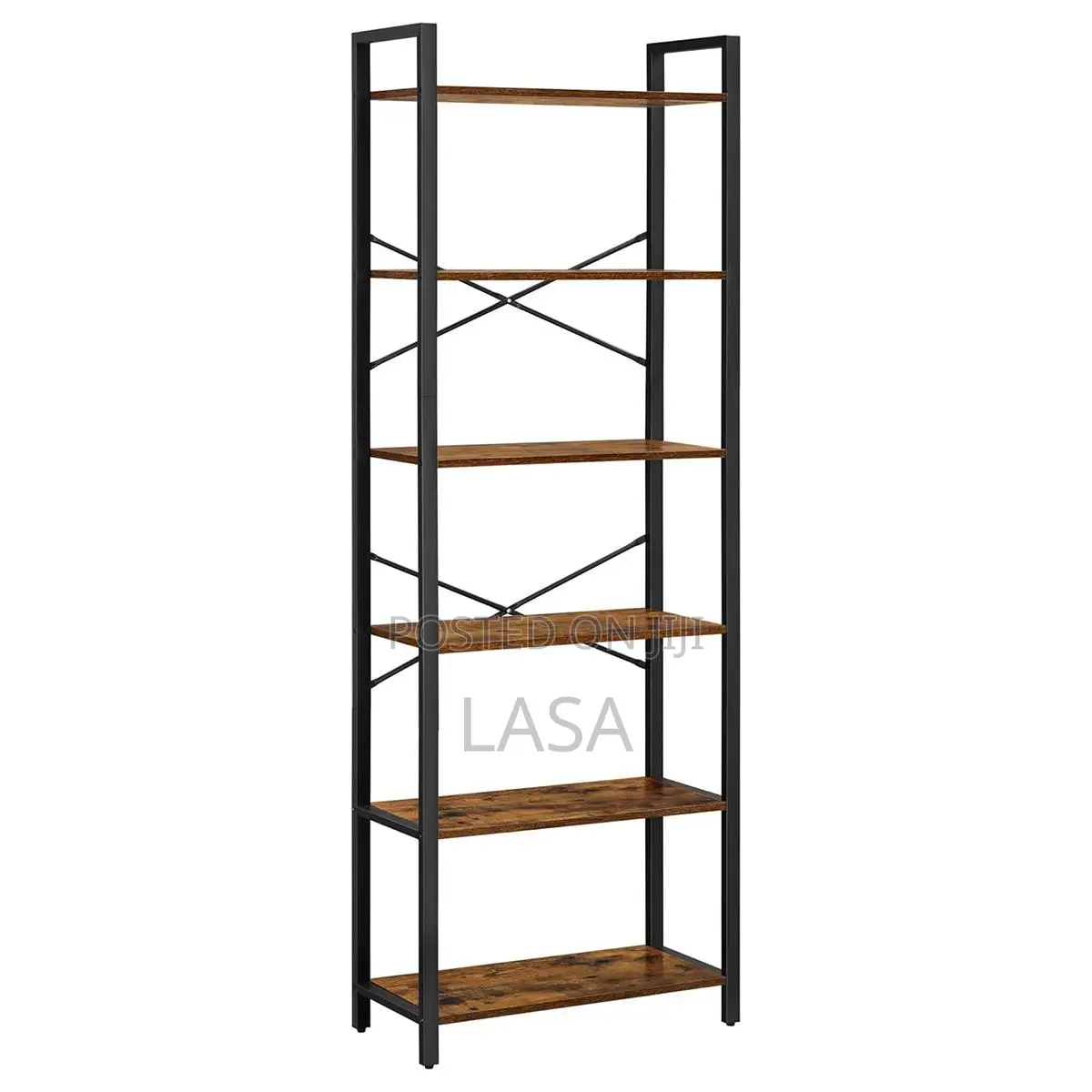 6-Tier Tall Rustic Steel Bookcase for Living Room Display