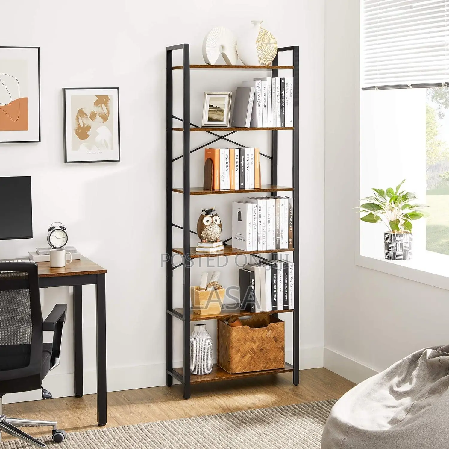 6-Tier Tall Rustic Steel Bookcase for Living Room Display