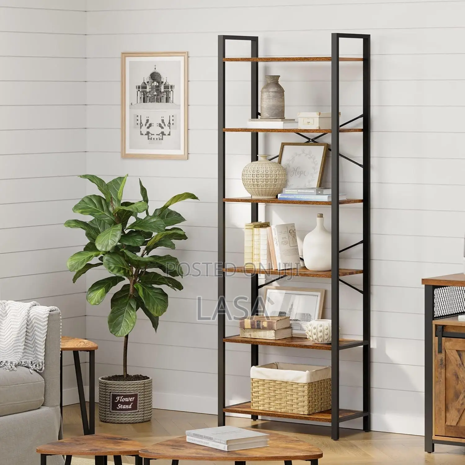6-Tier Tall Rustic Steel Bookcase for Living Room Display