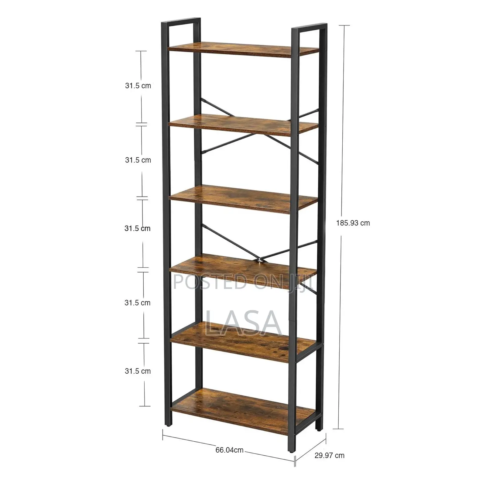 6-Tier Tall Rustic Steel Bookcase for Living Room Display