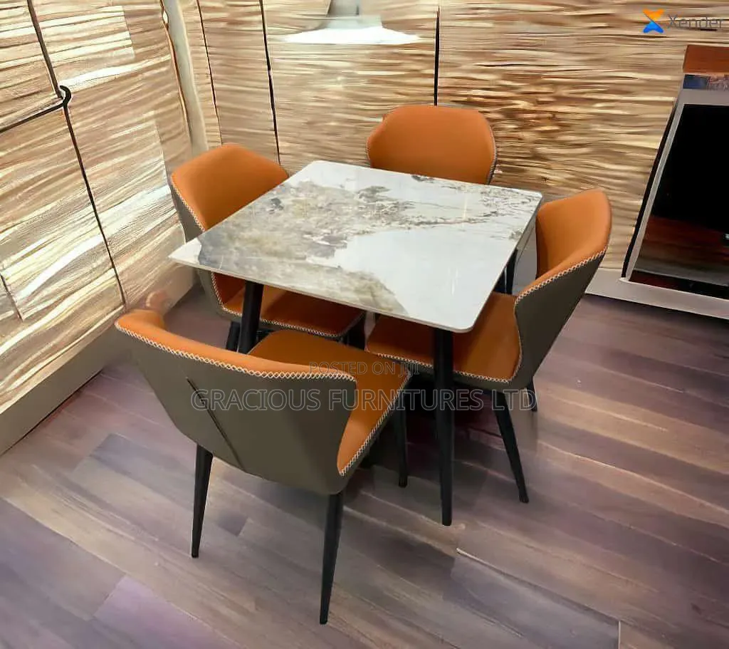 Square Marble Dining Table With 4 Chairs (Orange Gray Upholstery)