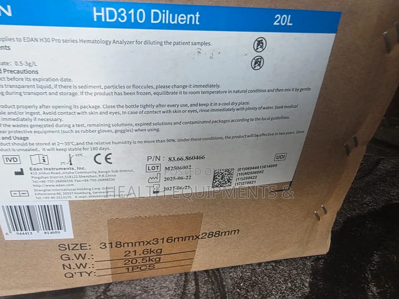 EDAN HD310 Diluent 20L – Hematology Analyzer Reagent