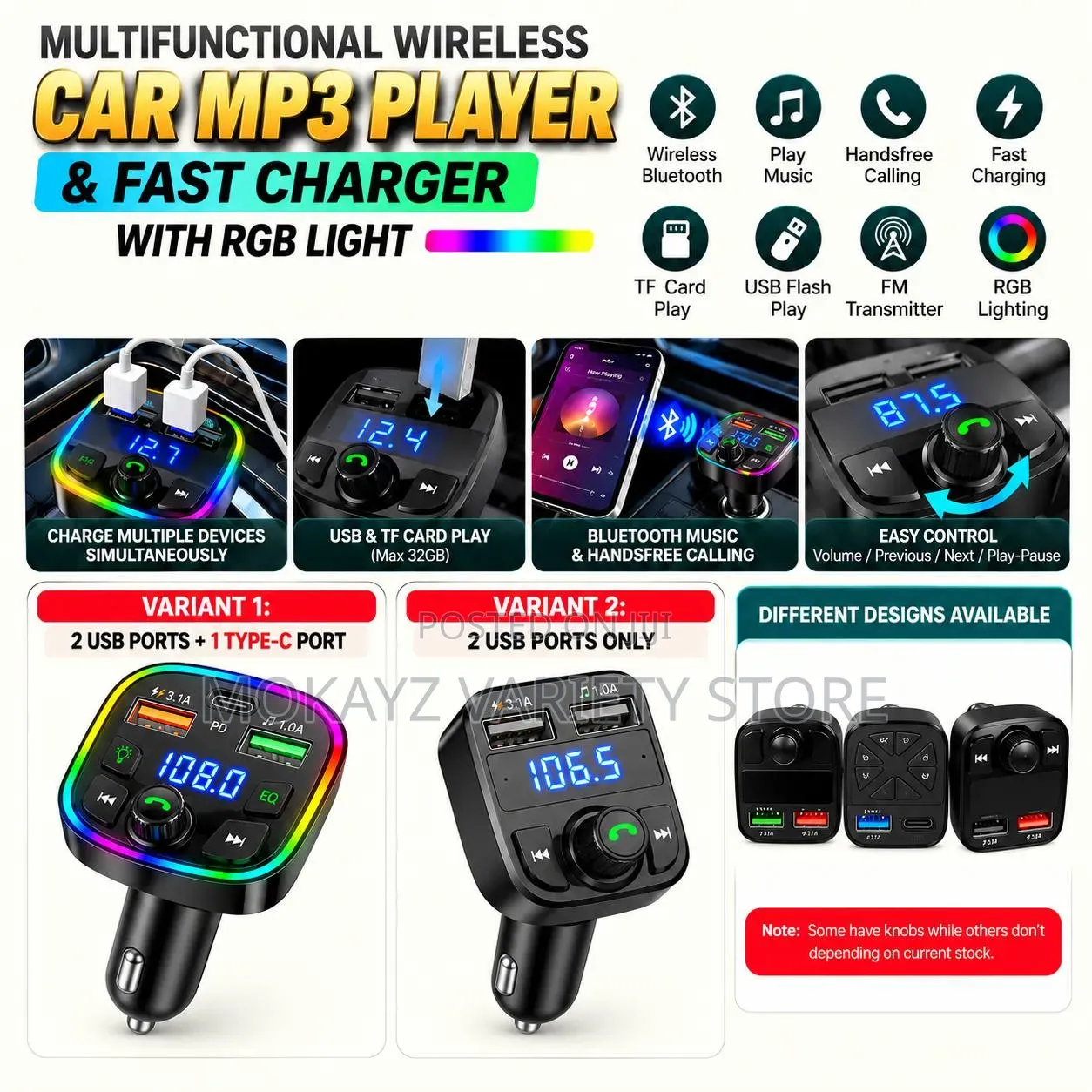 Multifunctional Wireless Car Mp3 Player Fast Charger With RGB Light