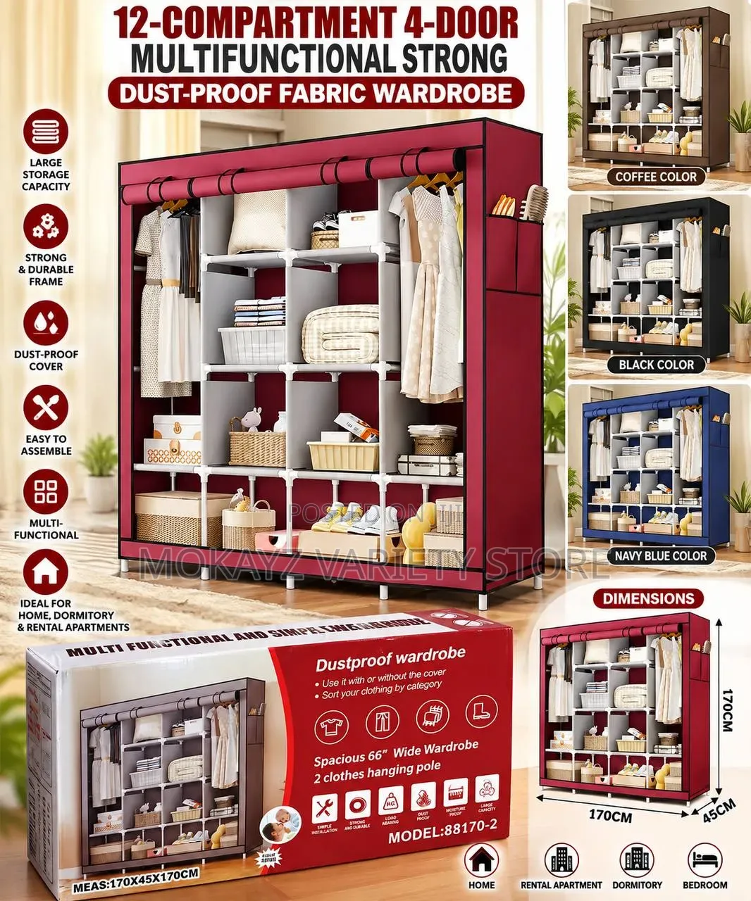 12-Compartment 4-Door Multifunctional Strong Dustproof Fabric Wardrobe