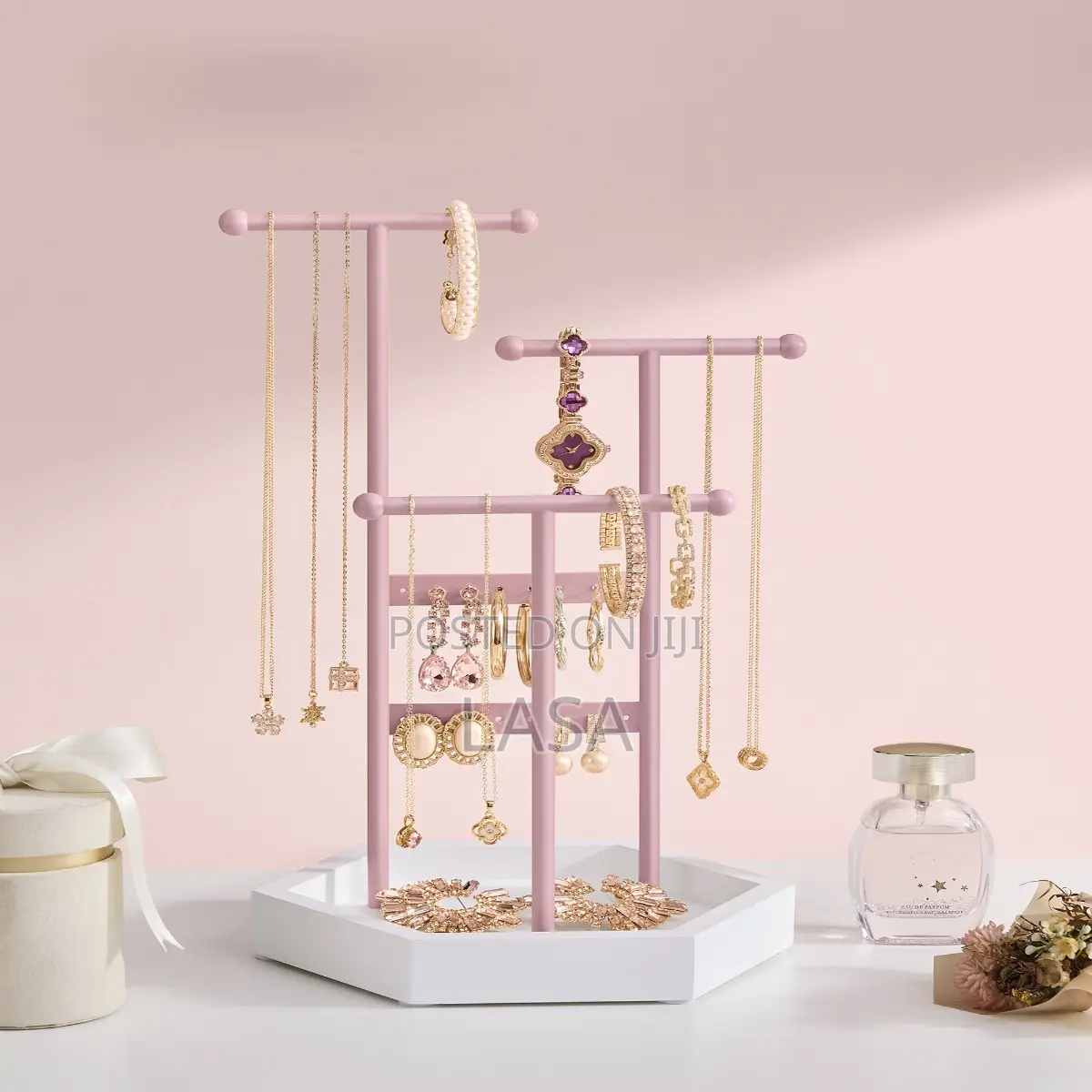 Jewelry Holder - 3-Tier Display Stand With Tray, Pink White