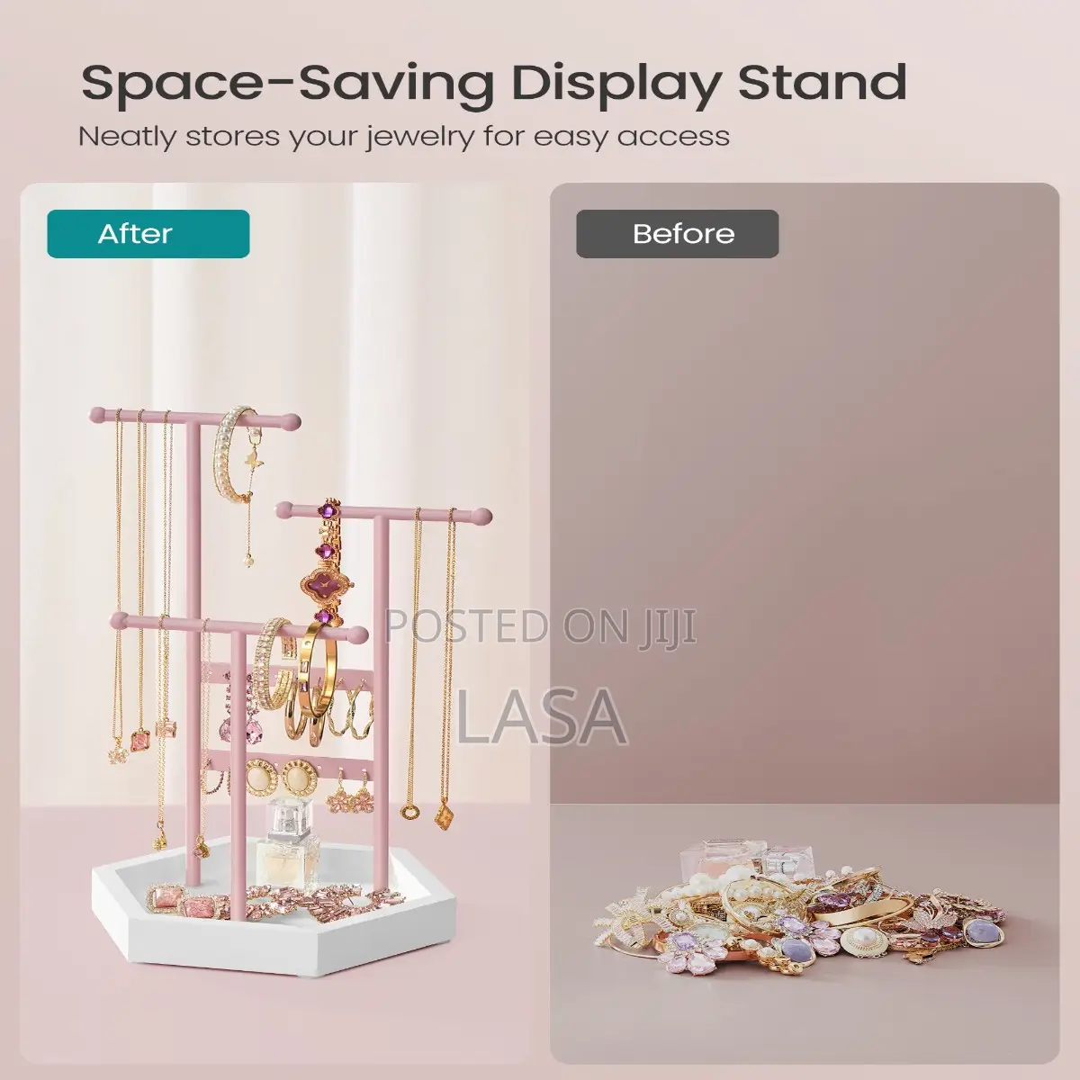Jewelry Holder - 3-Tier Display Stand With Tray, Pink White