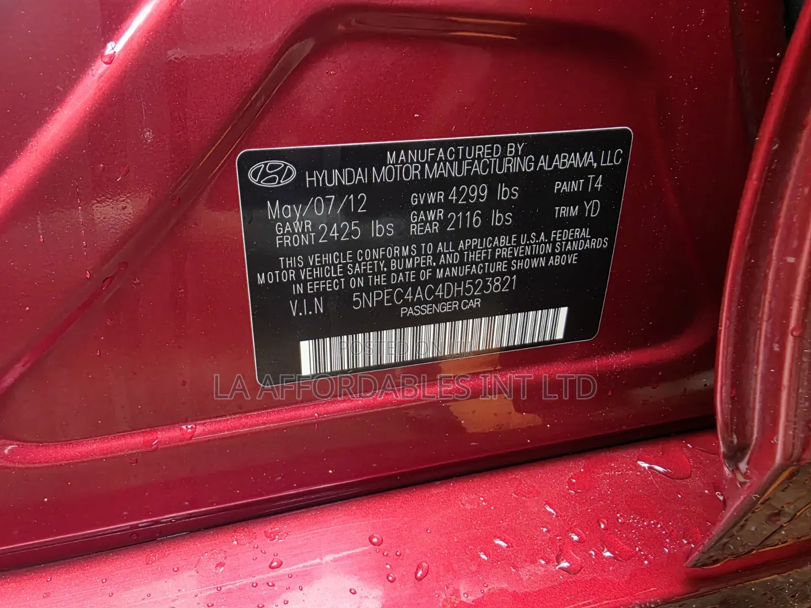 Hyundai Sonata Limited 2.0T Sedan (2.0L 4cyl 6A) 2012 Red