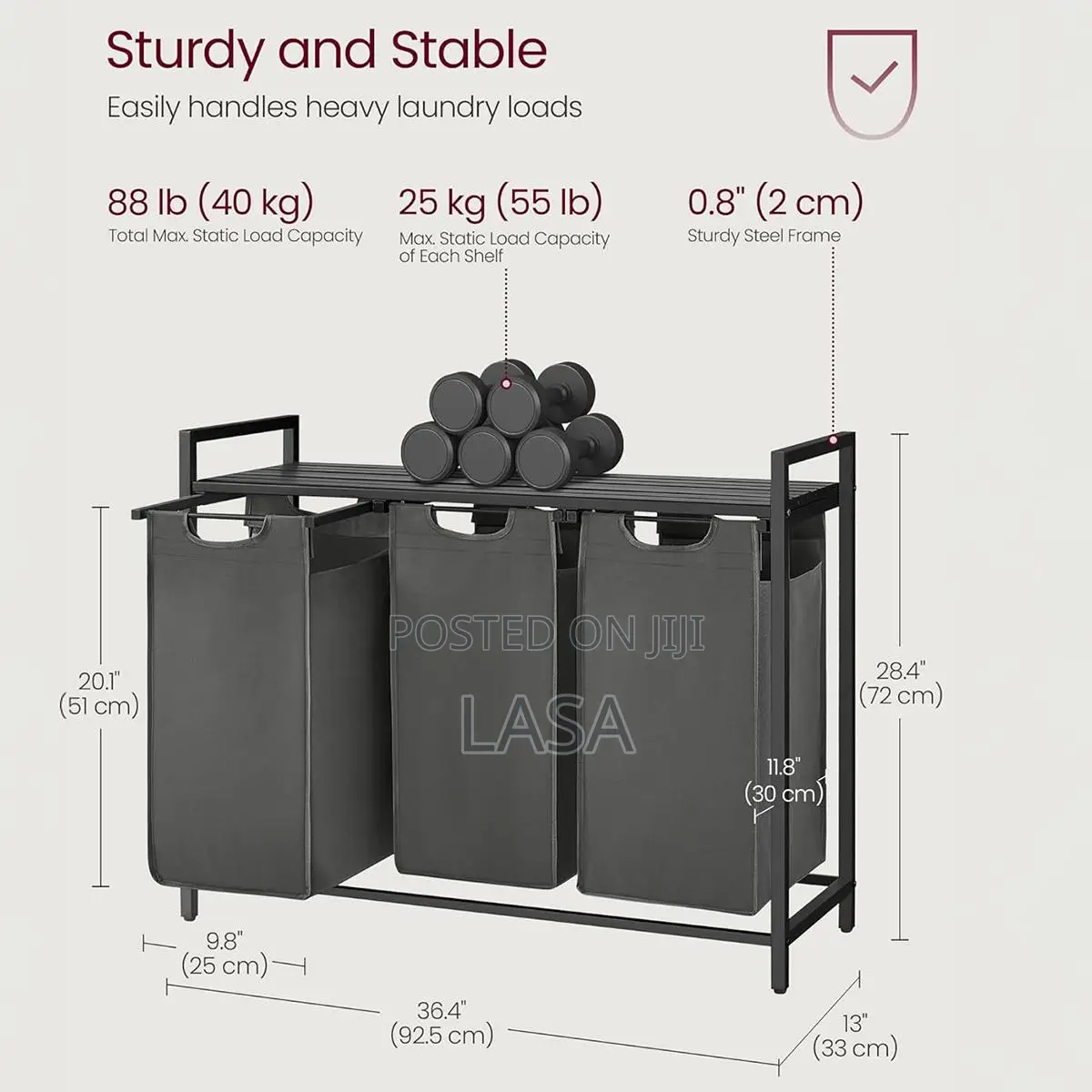 Laundry Hamper Basket Sorter With 3 Removable Bags 40 L