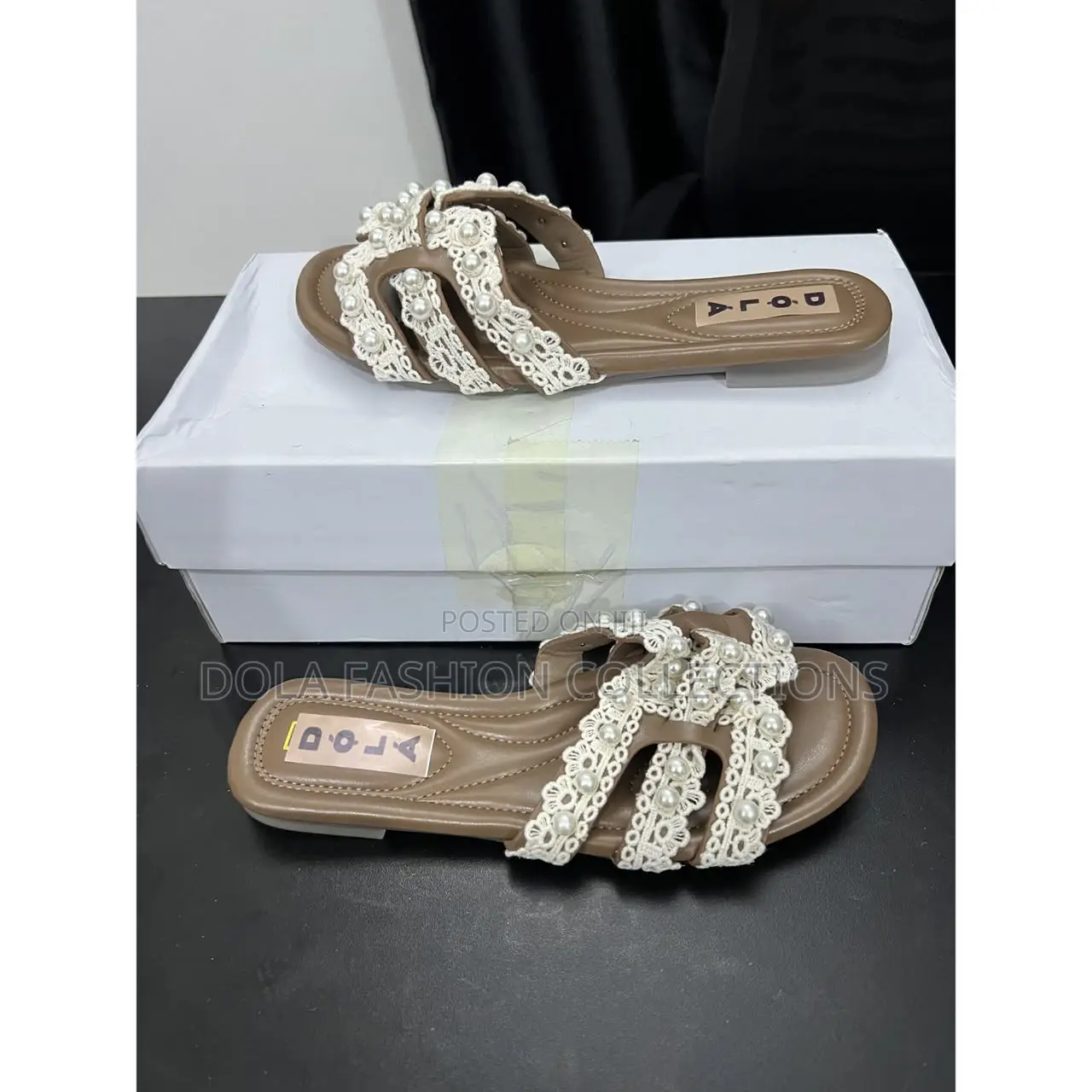Pearl Lace Strap Flat Slide Sandals for Women