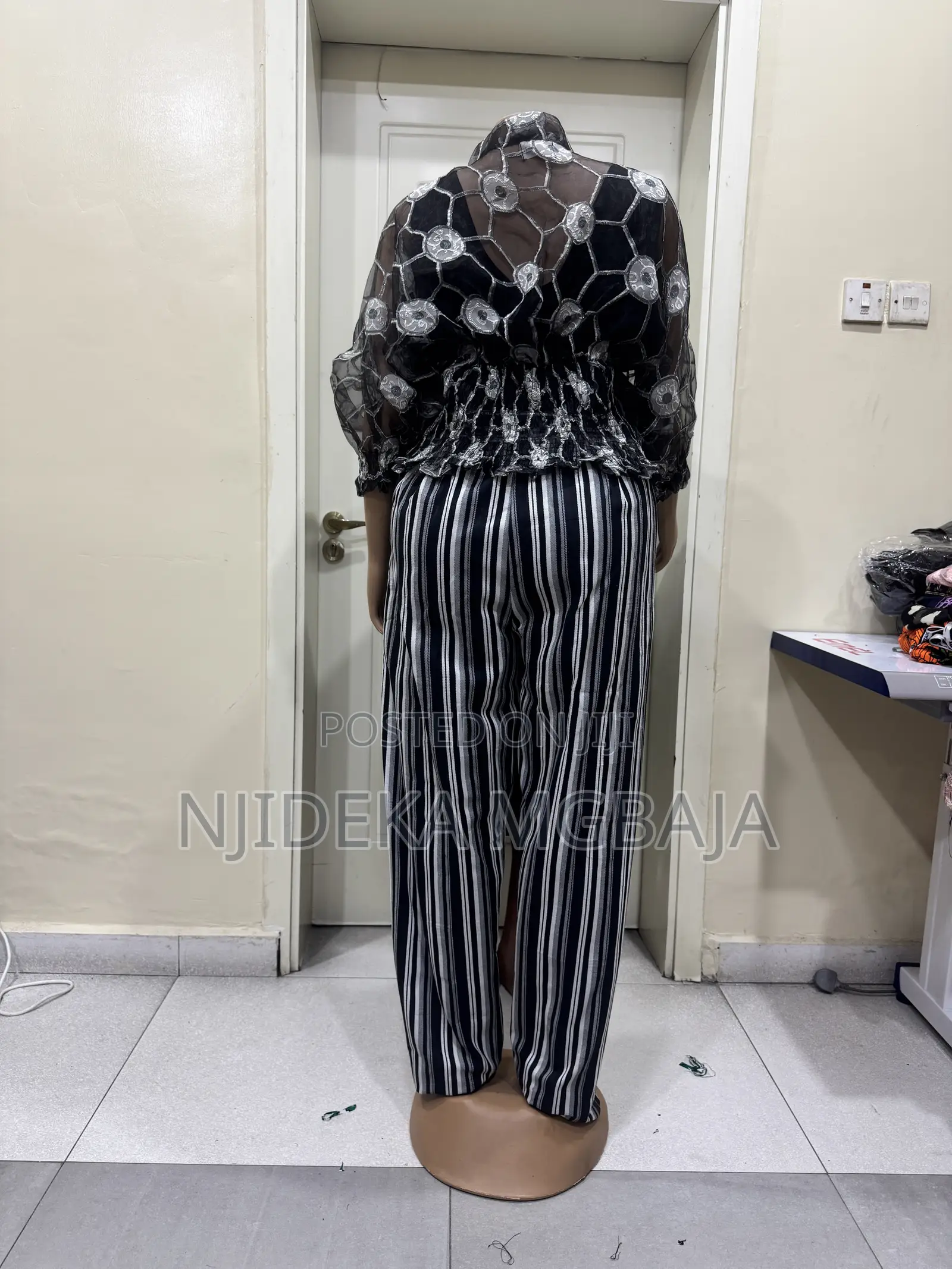 Black and White Striped Wide-Leg Jeans