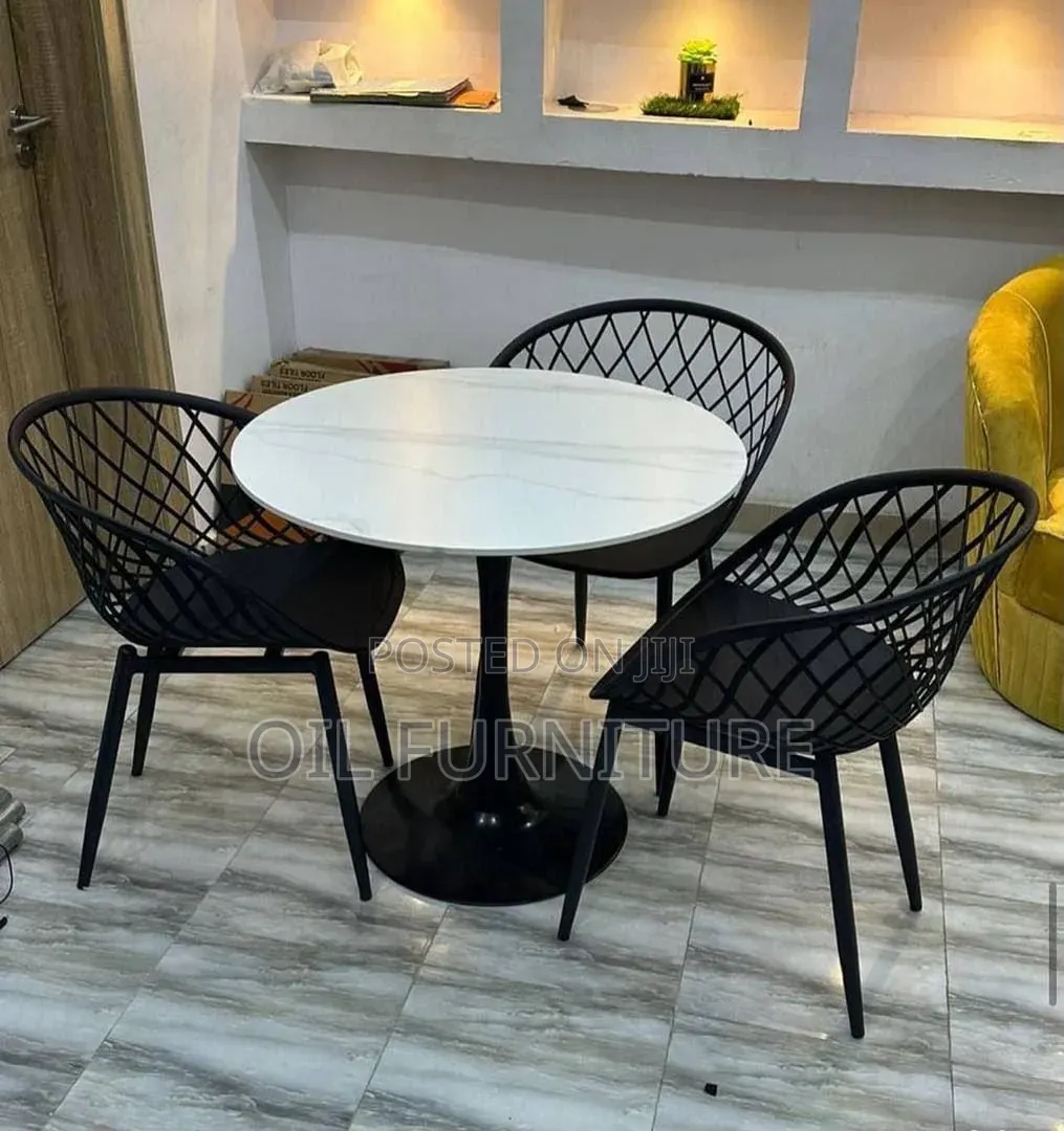 Modern Marble Top Dining Table Set With 3 Black Mesh Chairs