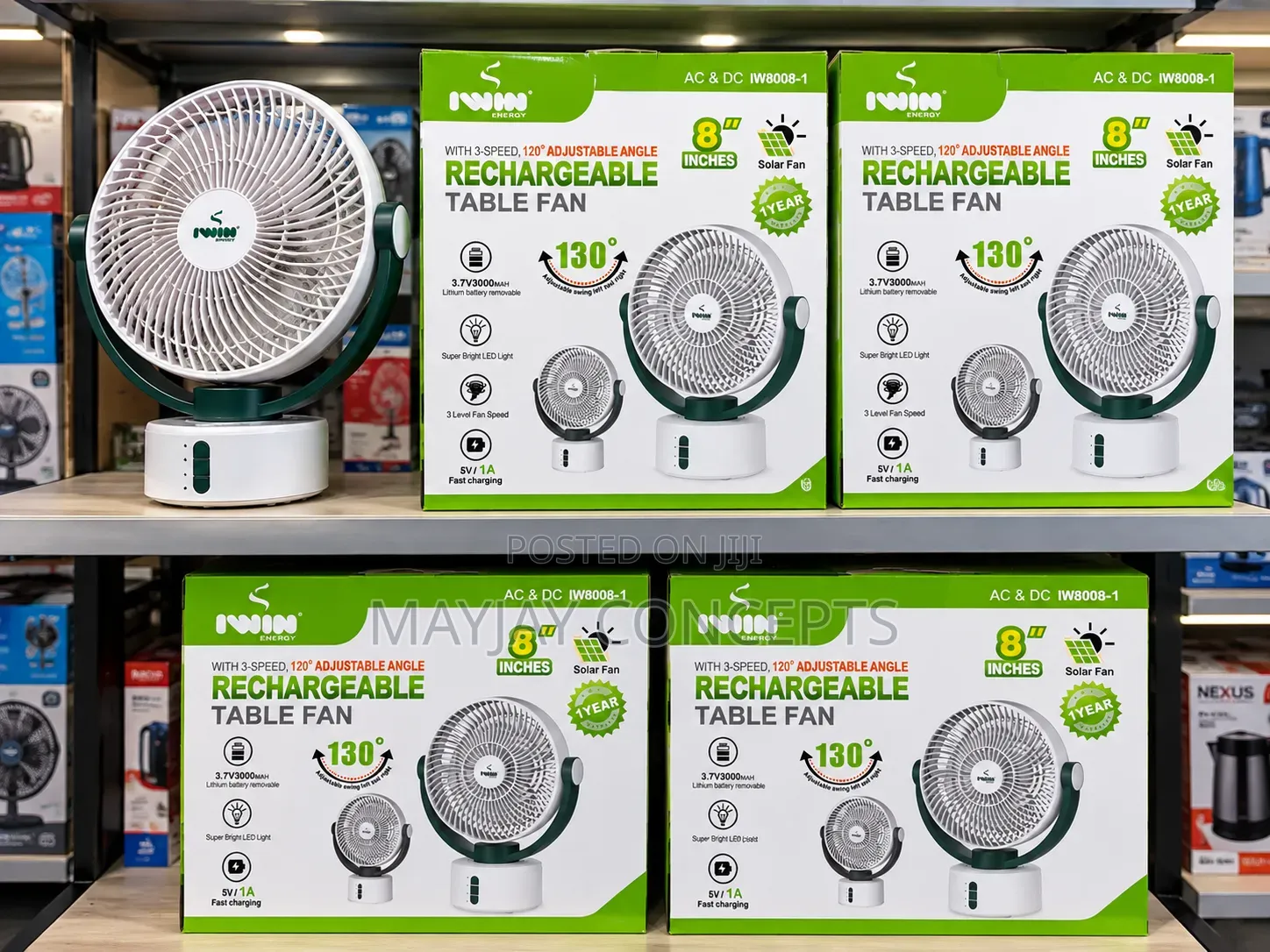 IWIN 8-Inch Rechargeable AC/DC Table Fan With LED–Solar Compatible