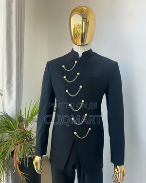 Black Slant-Front Safari Suit – Gold Chain Detail "French" Formal Wear