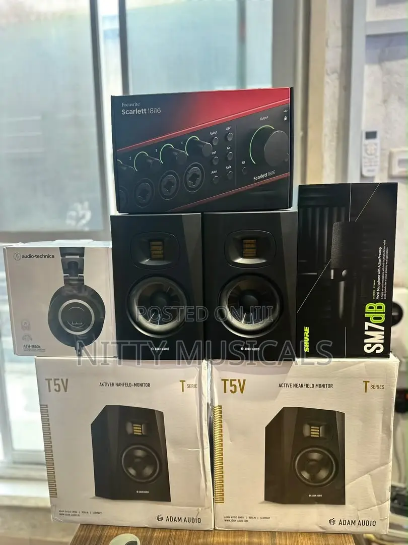 Shure SM7DB, M50X Headphone, Scarlett 18i16 Soundcard, Adam Audio T5V