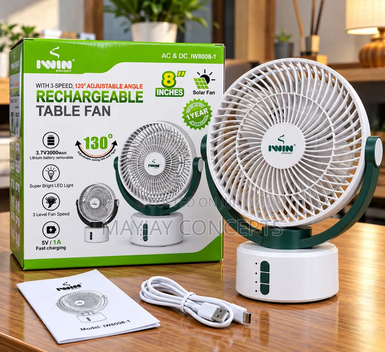 IWIN 8-Inch Rechargeable AC/DC Table Fan With LED–Solar Compatible