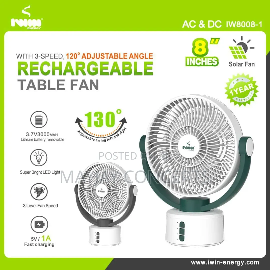 IWIN 8-Inch Rechargeable AC/DC Table Fan With LED–Solar Compatible