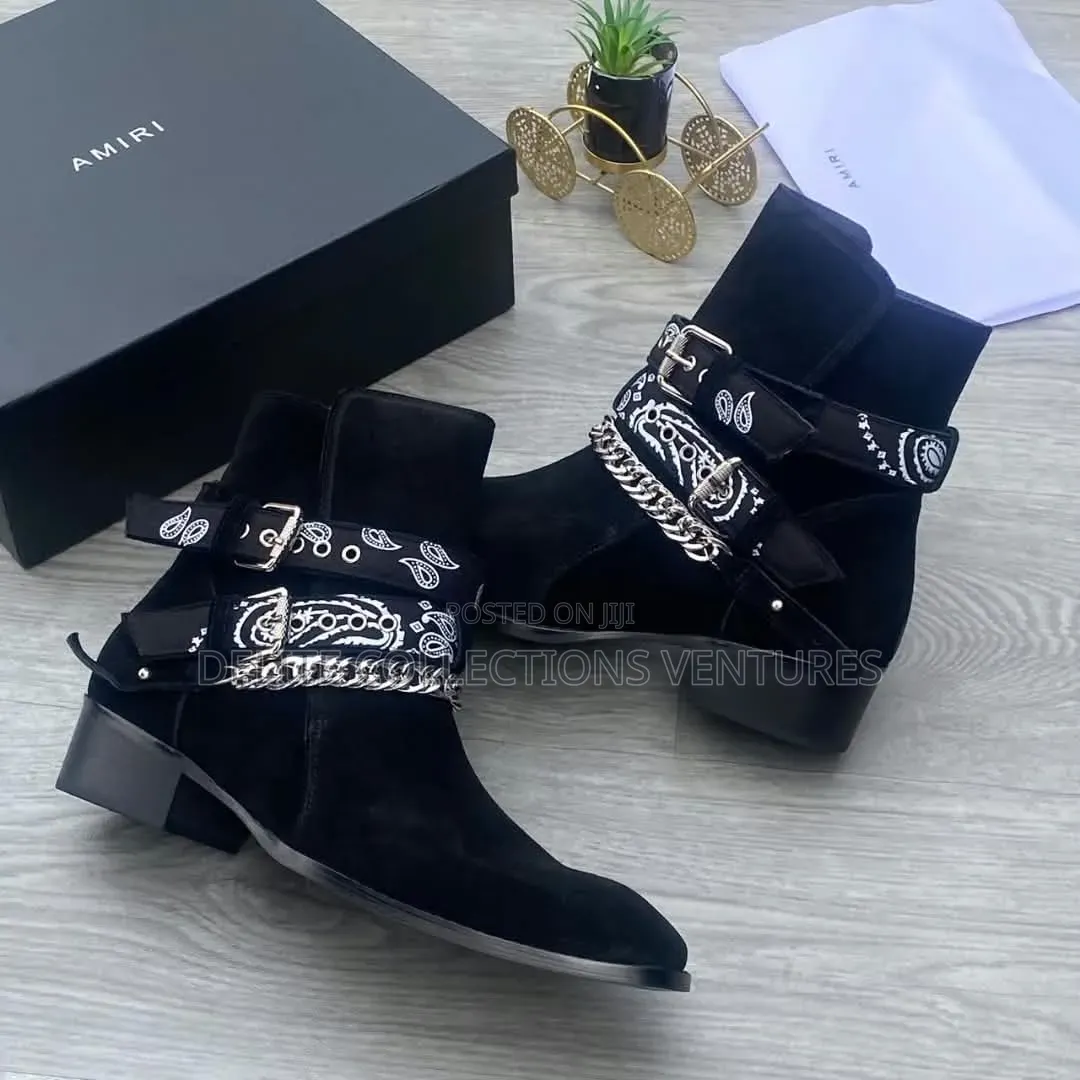 AMIR AND ARISTOCRATS Black Suede Leather L Wyatt Harness Skin Boots*