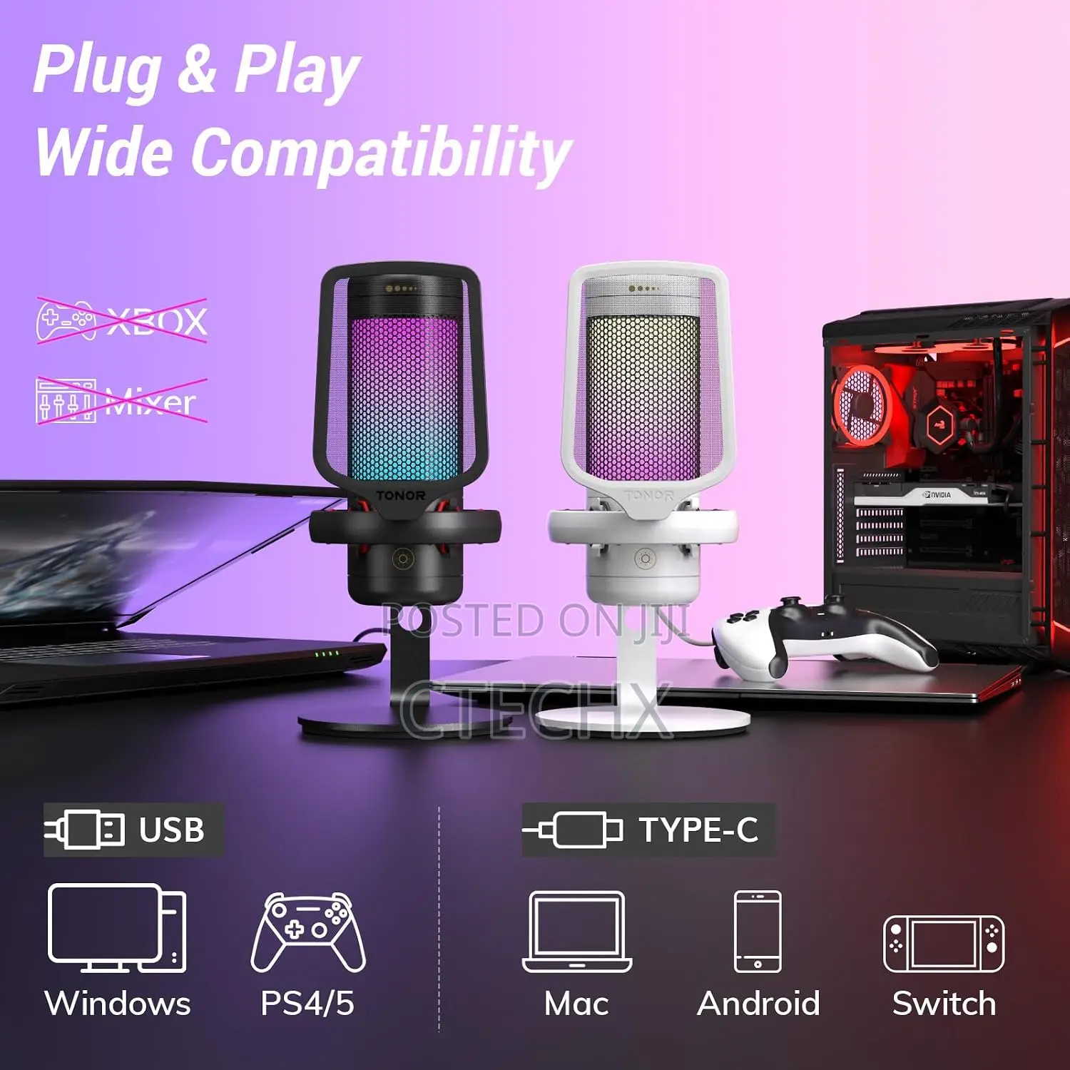 TONOR TC320 Gaming Microphone, USB Computer Mic With RGB Condenser Mic