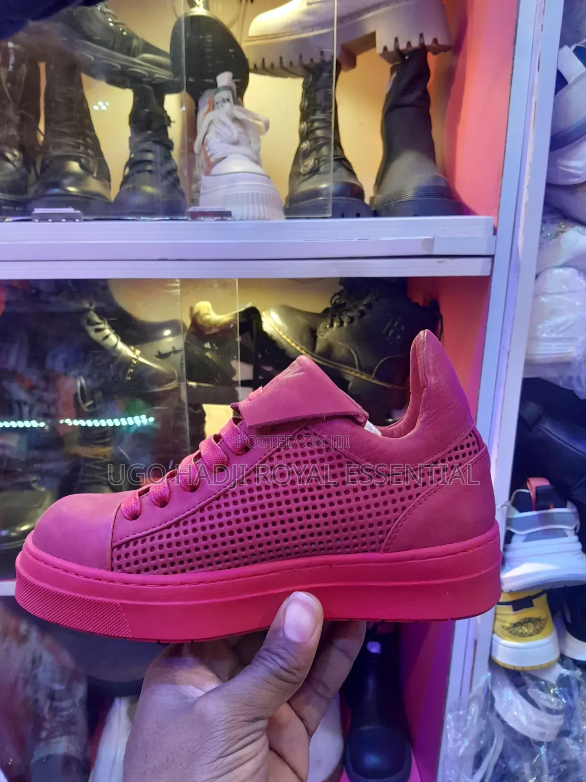 Premium All-Red Perforated Suede Low-Top Platform Sneakers